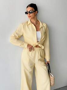 SHEIN Tall 女式新款西部牛仔马标志条纹刺绣宽松衬衫和裤子套装 - 黃色 - 查看 6