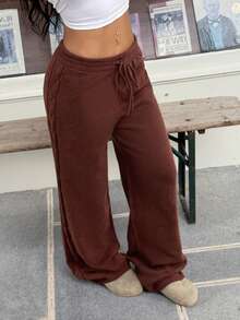 SHEIN EZwear Women's Autumn/Winter New Brown Cable Knit High Waist Loose Pants - Coffee Brown - View 6