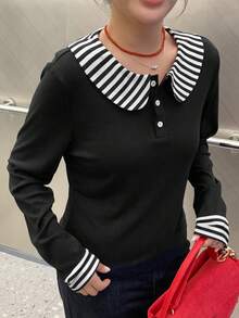 Dazy Plus 撞色拼接彼得潘领半开衩修身短款休闲加大码女式长袖黑色T恤 - 黑色 - 查看 7