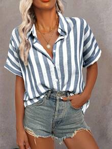 EMERY ROSE Women's Stripe Short Sleeve Single-Breasted Casual Loose Striped Shirt, Summer