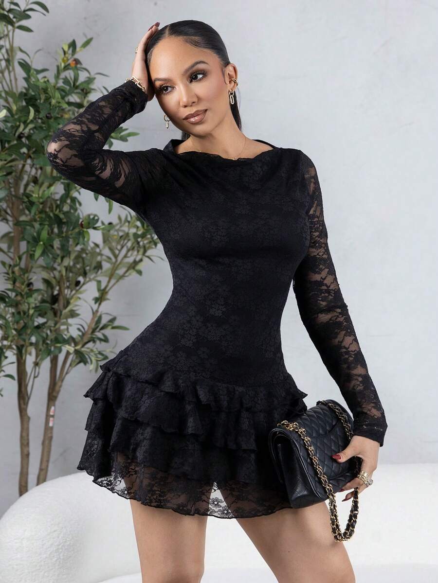 Melissa Matos 女士酒红色纯色优雅蕾丝长袖迷你连衣裙，带荷叶边下摆，适合约会之夜、女生之夜、生日派对、情人节、俱乐部 - 黑色 - 查看 1