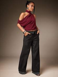 Hauture Blusa holgada con un hombro, cuello con pañuelo y pliegues, estilo básico y sexy para el verano - Rojo - Ver 3