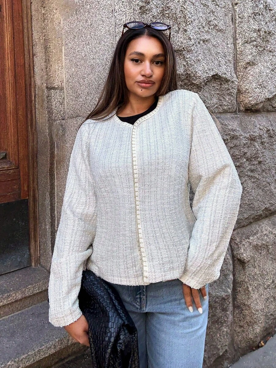 Calvaya Plus Size Women Knitted Fabric Fashion Jacket, Autumn/Winter - Apricot - View 1