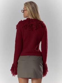 MUSERA Knit Shaggy Trim Fitted Cardigan Sweater Cosy Fluffy Cute Casual Coffee Club Winter Spring Valentines Day - Burgundy - View 2