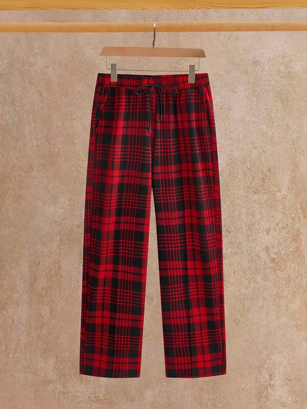 HIMLAND Pantalones casuales de hombre con cintura de cordón a cuadros para otoño e invierno