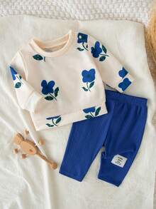 SHEIN 女婴秋季新款两件套，棕色碎花长袖圆领按扣上衣，休闲宽松长裤，复古时尚舒适百搭套装 - 藍色 - 查看 3