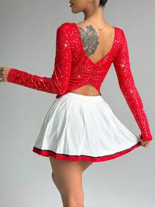 Dewbera Women's Fashionable & Elegant Fitness Running Backless Pleated Shiny Polka Dot Long Sleeve Slim Fit Yoga Workout Top