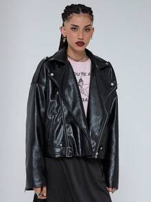 COUREZ Chaqueta de motociclista de piel sintética oversize, chaqueta negra de otoño-invierno Y2K para Año Nuevo - Negro - Ver 5