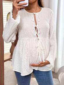 SHEIN 孕妇纯色前系带灯笼袖荷叶边下摆时尚上衣 - 白色 - 查看 1