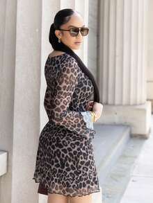 Melissa Matos Women Leopard Print Mesh Flared Sleeve Mini Dress,Summer Dresses For Women - Brown - View 2