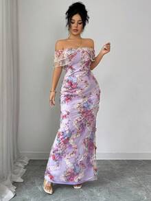 Elenzga Elegant Romantic Ruffle Off Shoulder Fitted Bodycon Dress With 3D Floral Mesh Fabric - Multicolor - View 5