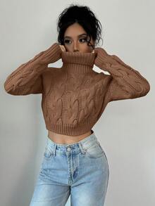 Elenzga Women's Casual Solid Color Cable Knit Turtleneck Sweater, Autumn/Winter - Coffee Brown - View 3