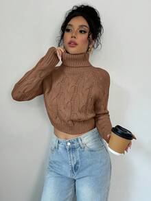 Elenzga Women's Casual Solid Color Cable Knit Turtleneck Sweater, Autumn/Winter - Coffee Brown - View 5