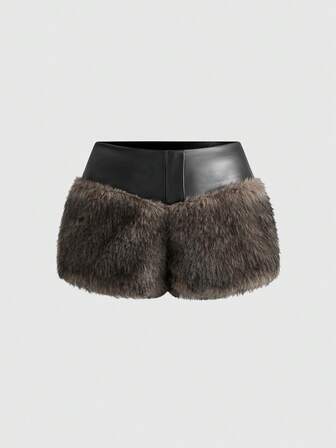 Grunge Punk Pantaloncini in pelle sintetica con patchwork e finta pelliccia, stile Y2K chic per donne