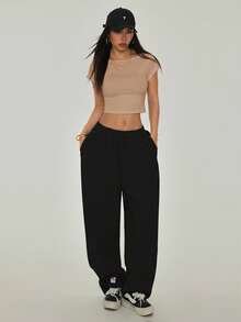 SHEIN PETITE 小号黑色露背T恤，适合夏季穿着 - 卡其色 - 查看 3