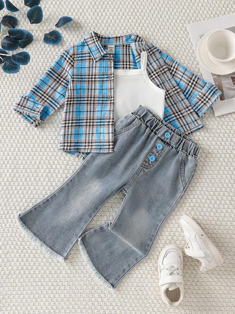 SHEIN 3件套女婴时尚别致套装：格子长袖衬衫+背带短款露脐上衣+喇叭牛仔裤休闲套装 - 藍色 - 查看 1