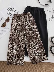 Genkimix Kids 2pcs/Set Young Girl Wide Leg Pants, Leopard Print And Black Color, Daily Wear Kid Clothes - Black - View 3