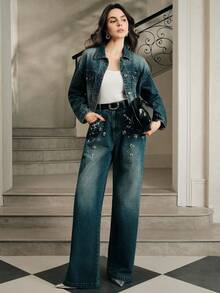 Anewsta Women's Long Sleeve Single-Breasted Casual Loose Fashion Rhinestone Denim Jacket - Blue - View 3