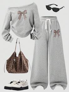 Setelan Sweatshirt Abu-abu Off-Shoulder untuk Remaja Perempuan, Detail Pita Leopard yang Stylish, Celana Panjang Longgar Lebar, Pakaian Kasual Nyaman untuk Sehari-hari di Musim Gugur untuk Sekolah - Grey - View 2