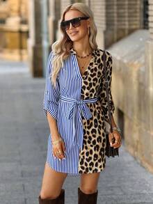 SHEIN Clasi 女士撞色条纹衬衫裙，优雅百搭的秋季休闲连衣裙 - 彩色 - 查看 4