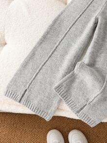 2pcs/Set Toddler Girls' Solid Color Turtleneck Sweater Set, Elegant French Design Knit Top, Purple Cable Knit Crew Neck Sweater + Slit Decor Knit Pants, Autumn/Winter