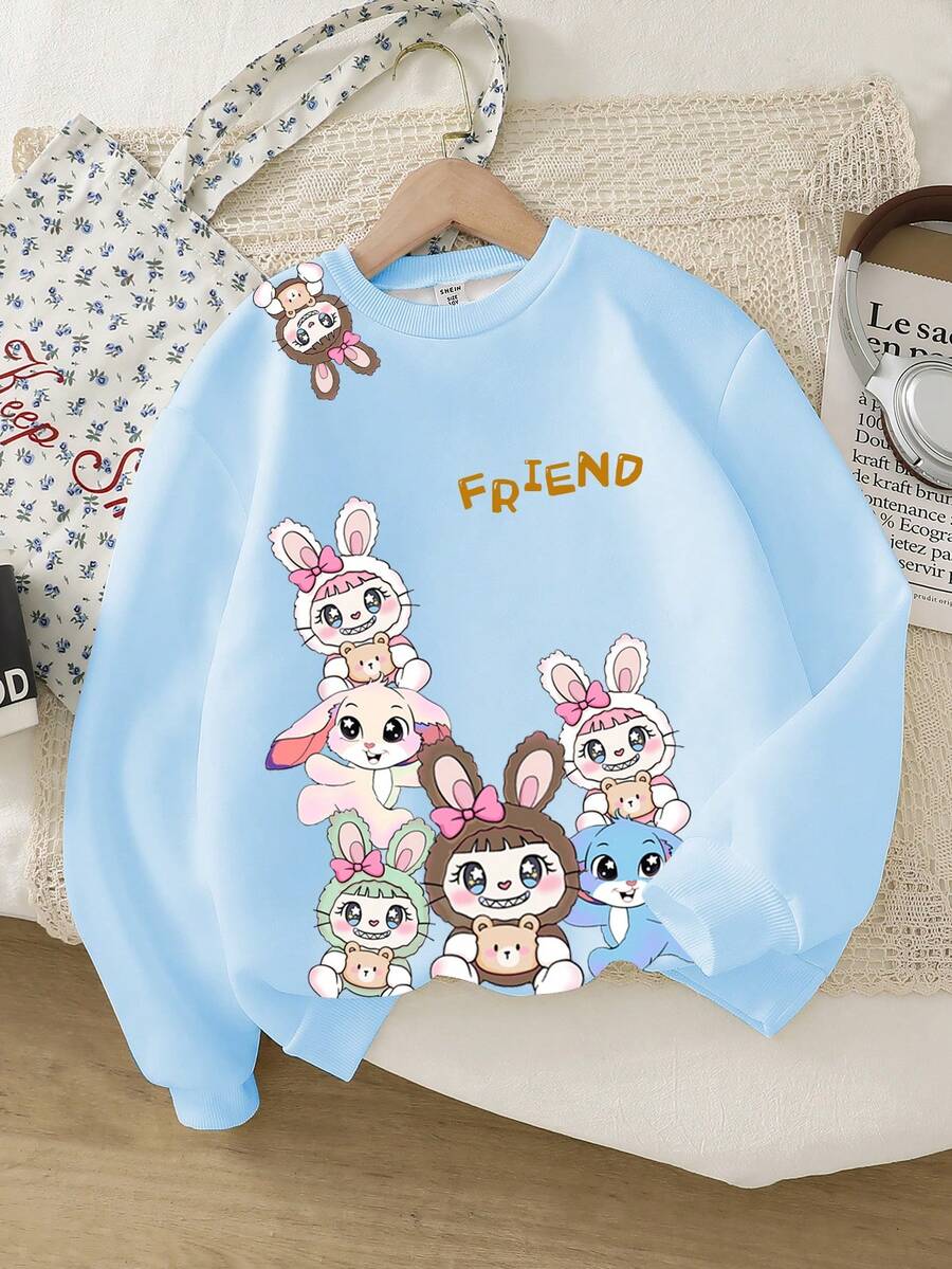 SHEIN Young Girl' Cute Cartoon Floppy Ear Blue Rabbit Print Sweatshirt, Autumn/Winter Fall - Multicolor - View 1