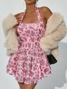 Glamine Women's Floral Sequin Ruffle Hem Fashionable Elegant Halter Mini Dress, Christmas