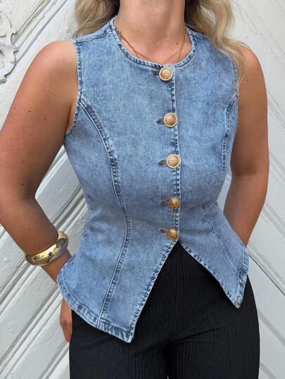 Jeta Ari Blusa de mezclilla sin mangas con botones delanteros, estilo casual para mujer