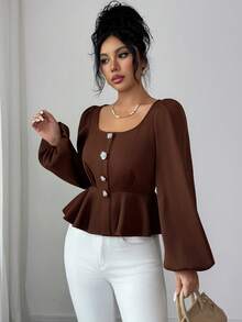 SHEIN Elenzya Women's Dark Brown Autumn Elegant Office Long Sleeve Blouse,Square Collar,Front Button Closure,Floral Decor,Pleated Waist,Cropped Hem,French Vintage - Coffee Brown - View 3