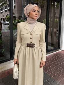 DAZY Vestido largo de unicolor elegante con cintura ceñida, adecuado para vestir de manera modesta para ir al trabajo - Albaricoque - Ver 7