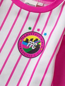 THE POWERPUFF GIRLS X SHEIN Baby Girl Cute Cartoon Blossom, Bubbles, Buttercup Pattern Stripe Print Round Neck Drop Shoulder Long Sleeve Knit Sweet Cute Sweatshirt Dress, Suitable For Autumn/Winter Toddler Girl Clothes Cartoon - Multicolor - View 4