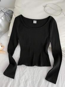 SHEIN Teen Girls' Ribbed Crew Neck Elastic Fitted All-Match Versatile Long Sleeve T-Shirt, Comfortable - Black - View 1