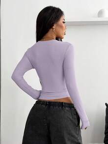 Coolane 女式秋冬街头服饰文艺复兴博览会基本款罗纹针织保暖/寒冷天气/保暖弹力长袖 V 领 T 恤 - 淡紫色 - 查看 7