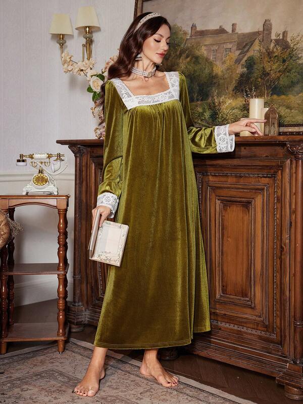 PalaceNights Elegant Palace Style Solid Color Velvet Lace Patchwork Square Collar Long Sleeve Women Nightgown