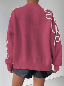 SHEIN Unity Cardigan Rajut Kasual Lengan Panjang Motif Bunga dengan Bahu Longgar untuk Wanita, Musim Gugur/Dingin - Watermelon Pink - View 2