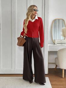 Easowa V-Neck Zip Hem Relaxed Casual Pullover Sweater For Women In Fall/Winter - Red - View 6
