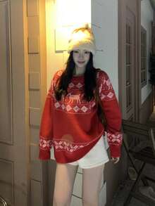 DAZY Women's Reindeer Colorblock Floral Pattern Long Sleeve Sweater, Christmas Style, Autumn/Winter Christmas - Red - View 6