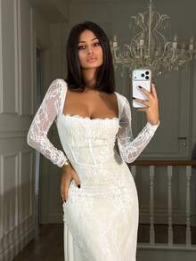 Ronhire 女式秋冬新款性感S形蕾丝长袖紧身方领修身长款派对连衣裙，黑色 - 黃色 - 查看 4