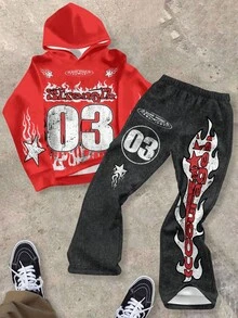 SHEIN 3 件套青少年男孩休闲简约连帽衫和喇叭裤套装，适合秋冬季，勇气，红色和黑色 - 彩色 - 查看 1