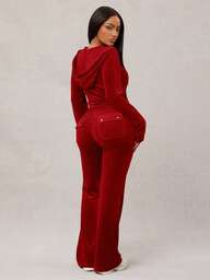 Radiana Sexigt, avslappnat gråblått, klassiskt, figursytt set i sammet i två delar för kvinnor: Tröja med dragkedja och huva + byxor med vida ben, bekvämt och mjukt, lämpligt för vardag, sport, hemma eller utflykter