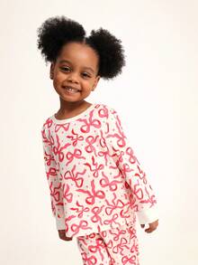 SUMWON Conjunto de pijama de niña con estampado de lazo navideño, de manga larga y cuello redondo, ropa de dormir para ocasiones casuales y vacaciones - Rosa - Ver 3