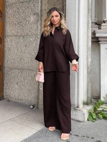 Jeta Ari 2 件套女士混纺侧开衩宽松衬衫和高腰阔腿裤优雅商务休闲女装 - 巧克力棕 - 查看 1