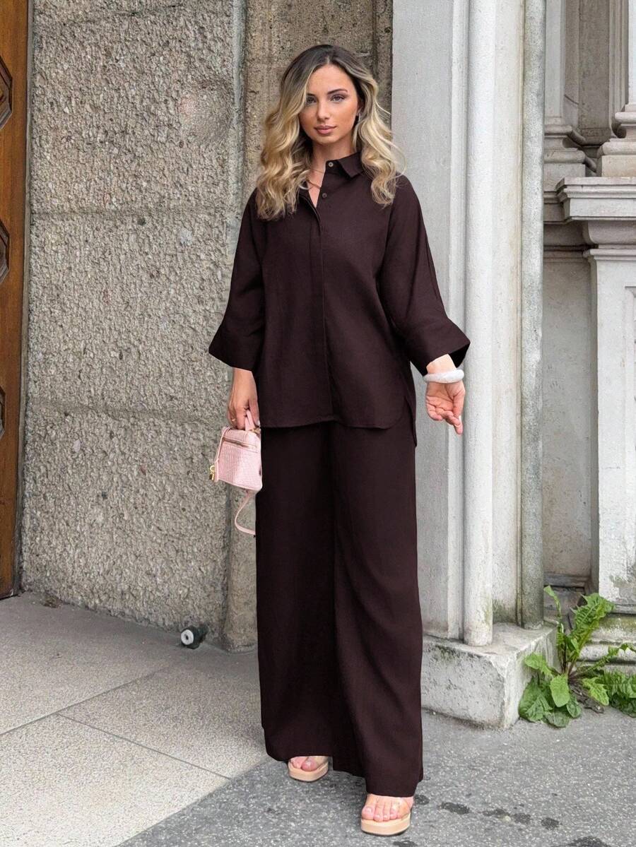 Jeta Ari 2 件套女士混纺侧开衩宽松衬衫和高腰阔腿裤优雅商务休闲女装 - 巧克力棕 - 查看 1