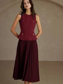 时尚优雅通勤加厚面料+褶裥腰身无袖连衣裙，初秋款 - 紅色 - 查看 4