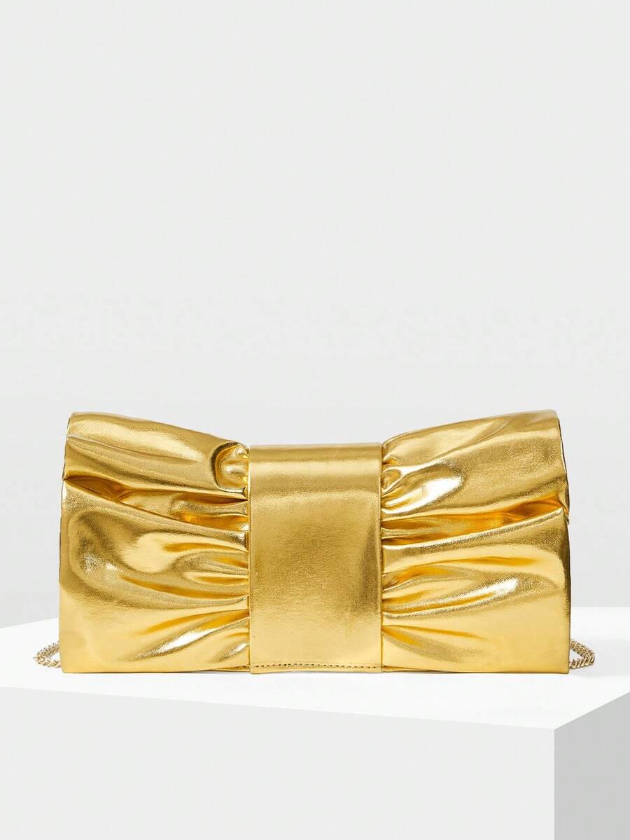 MOTF PREMIUM LADIES' STYLISH AND ELEGANT BOW-SHAPED CLUTCH BAG, DINNER BAG, SUITABLE FOR DATES AND PARTIES - Gold - View 2