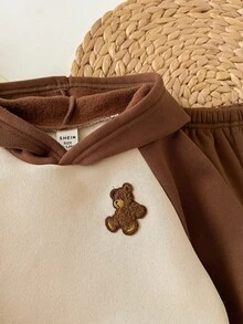 Conjunto de Moletom com Capuz e Calça com Estampa Fofa de Desenho Animado em Bloco de Cor, Outono/Inverno, para Menino Bebê