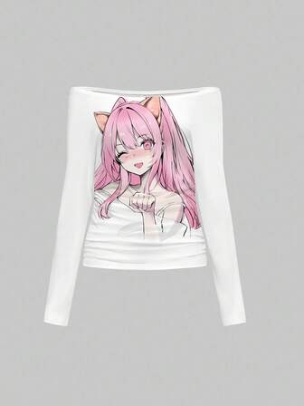 T-shirt à manches longues blanc imprimé, style ample et froncé, épaules dénudées, Kawaii Anime Y2K sexy, pour femmes