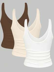 Airaco 3pcs/Set Fitted Short Leopard Print & Solid Color V-Neck Camisole For Women, Summer - Multicolor - View 2
