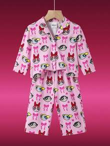 THE POWERPUFF GIRLS X SHEIN 女婴卡通可爱甜美粉色花朵、泡泡、毛茛图案翻领秋冬上衣和裤子睡衣套装 - 粉色 - 查看 2