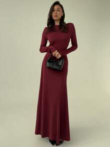 Aloruh Váy đuôi cá hở lưng tay dài màu trơn tối giản gợi cảm dành cho nữ - Màu Đỏ Sâu - Xem 3